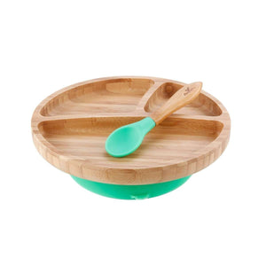 Avanchy Toddler Bamboo Stay Put Suction Plate + Spoon (Green)