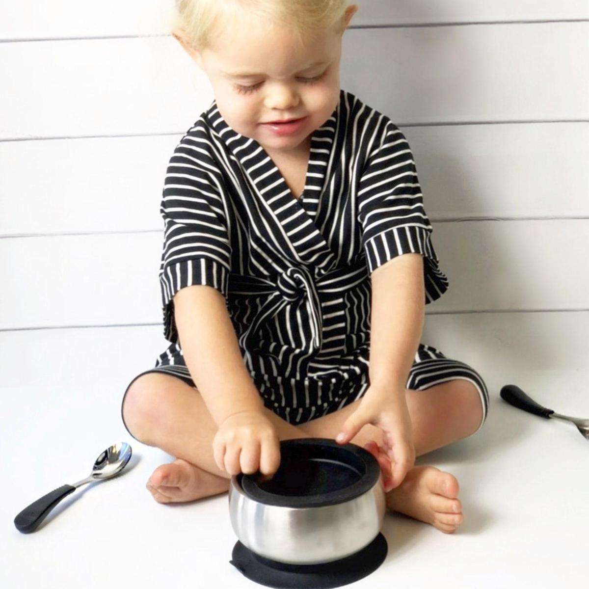 Avanchy Stainless Steel Baby Bowl + Spoon + Airtight Lid (Black) - Blossum